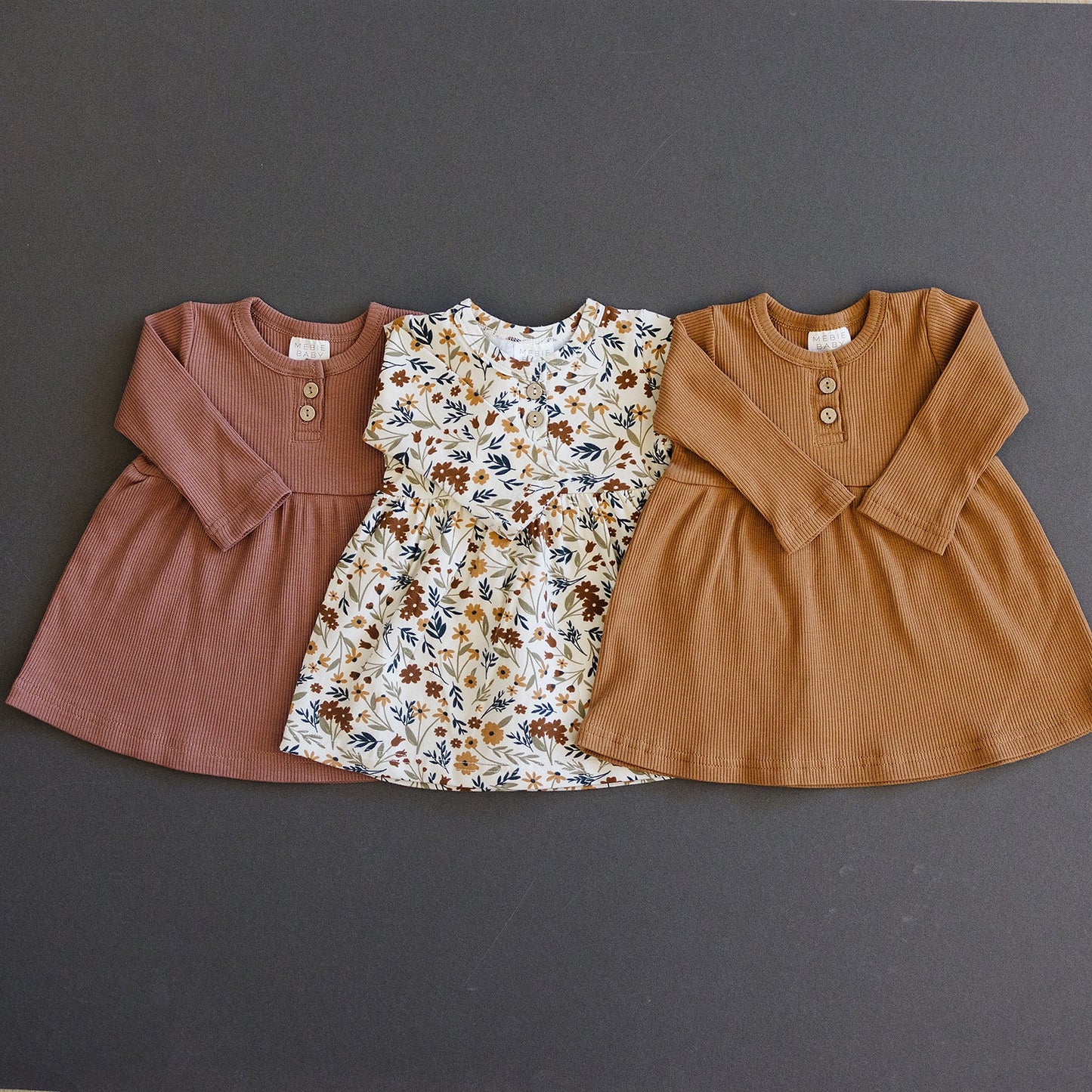 Mustard Long Sleeve Button Ribbed Organic Dress