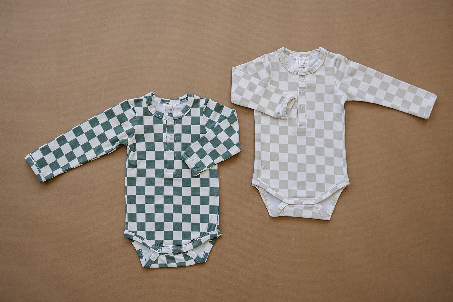 Taupe Checkered Snap Long Sleeve Bodysuit