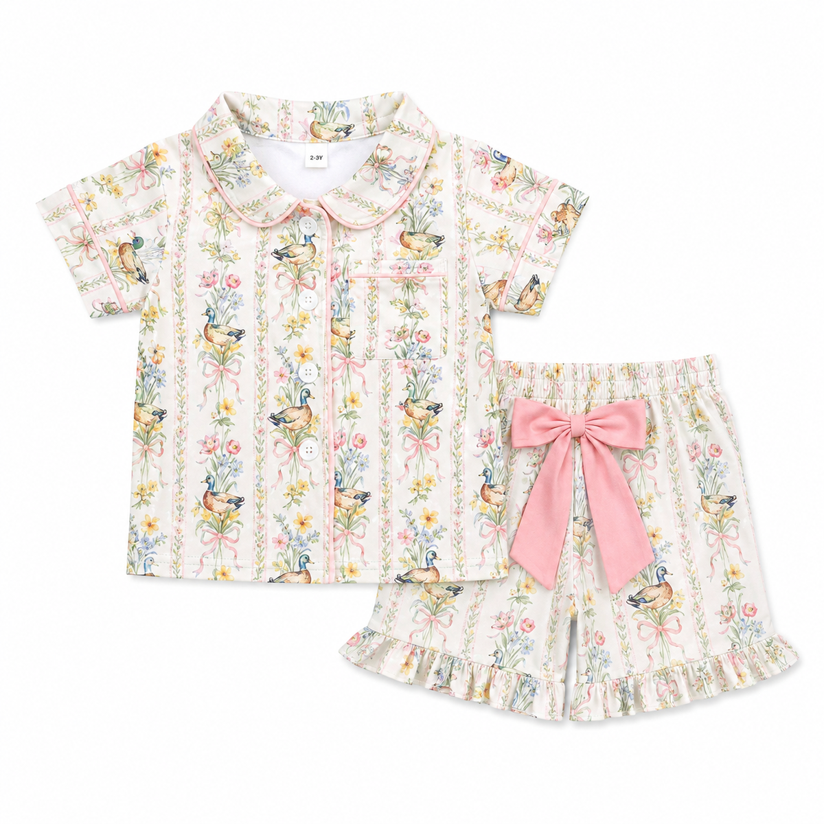 Mallard Duck & Bow Girls Short Pajama Set
