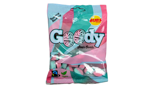 Bubs Godis Sour Raspberry & Blueberry Ovals 90g Bag