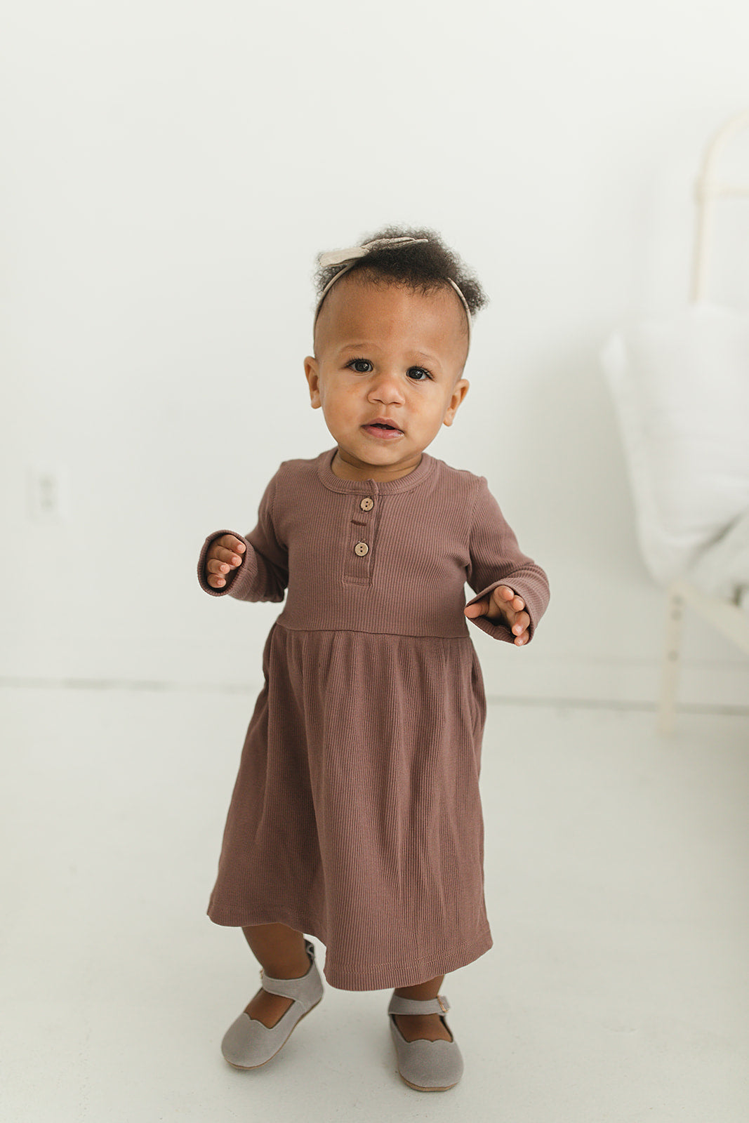 Plum Long Sleeve Button Ribbed Organic Cotton Dress