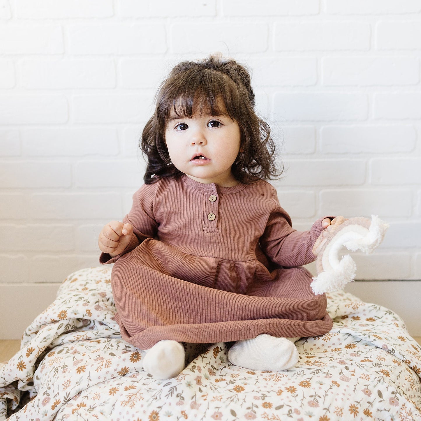Dusty Rose Long Sleeve Button Ribbed Organic Dress