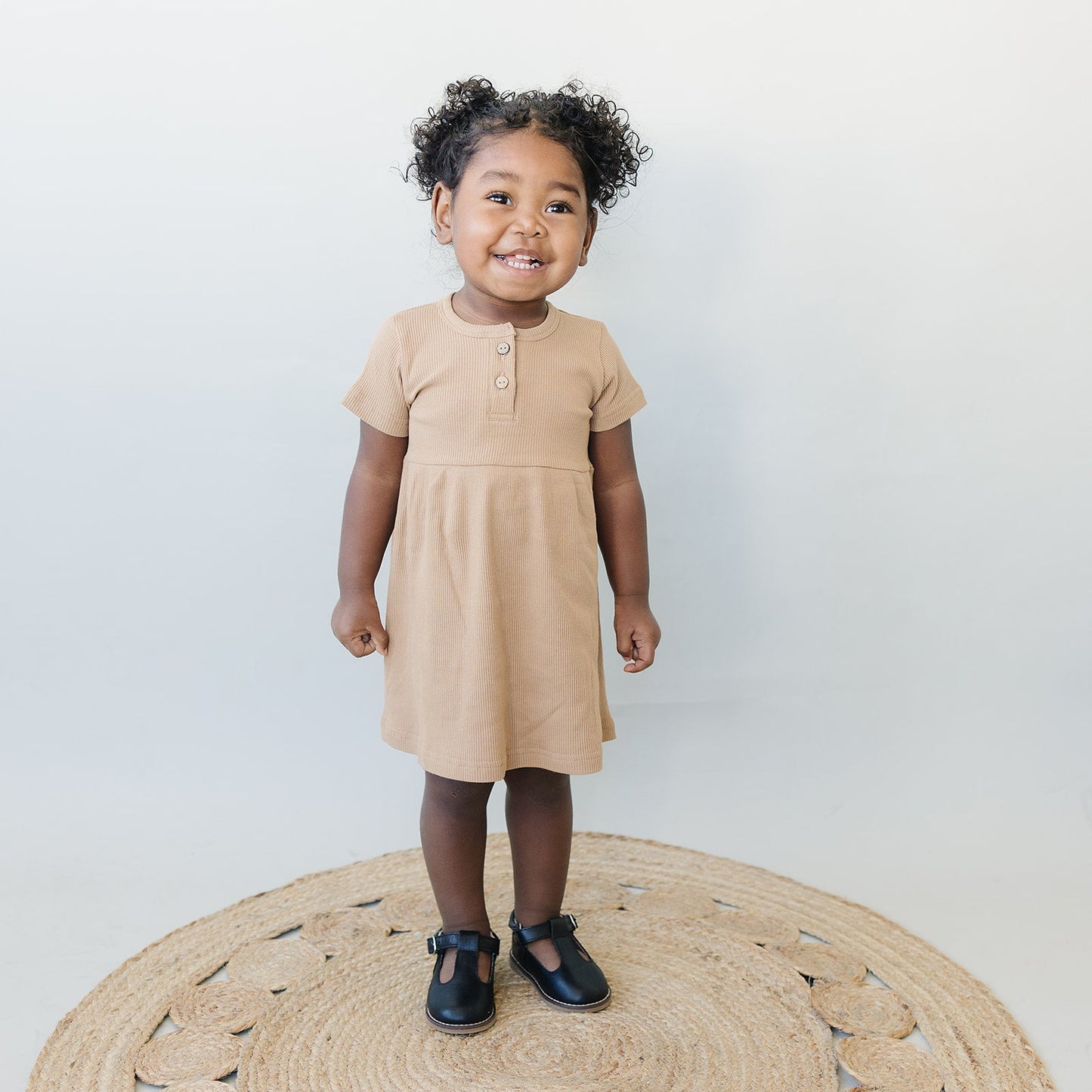 Cafe Short Sleeve Button Ribbed Organic Cotton Dress