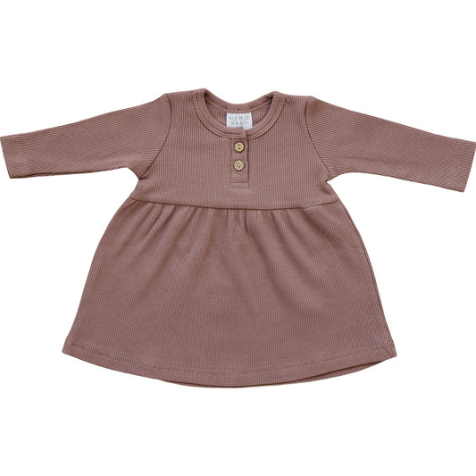 Plum Long Sleeve Button Ribbed Organic Cotton Dress