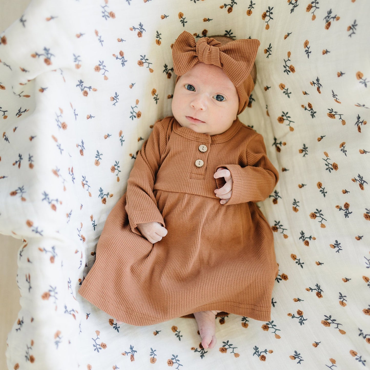 Rust Long Sleeve Button Ribbed Organic Cotton Dress
