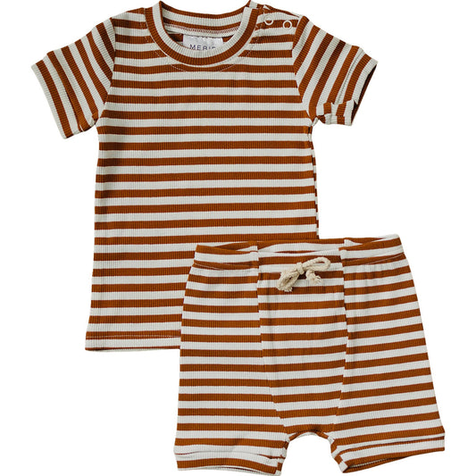 Honey & White Stripe Ribbed Cozy Short Set