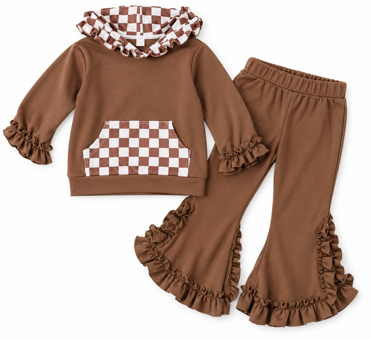 Chocolate Checkered Hooded Ruffle Pocket Lounge Set