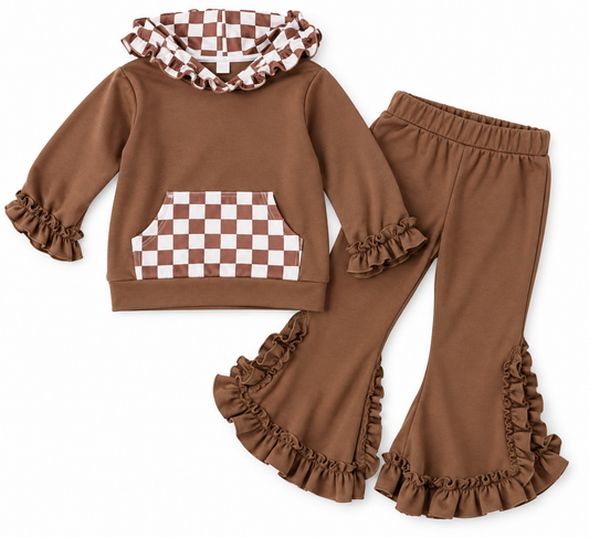 Chocolate Checkered Hooded Ruffle Pocket Lounge Set