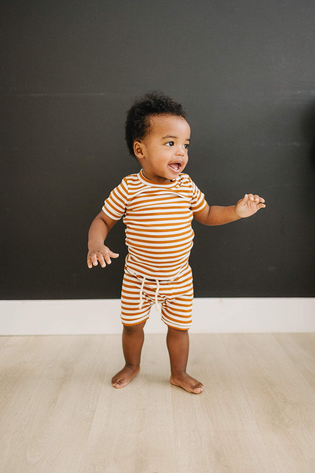 Honey & White Stripe Ribbed Cozy Short Set