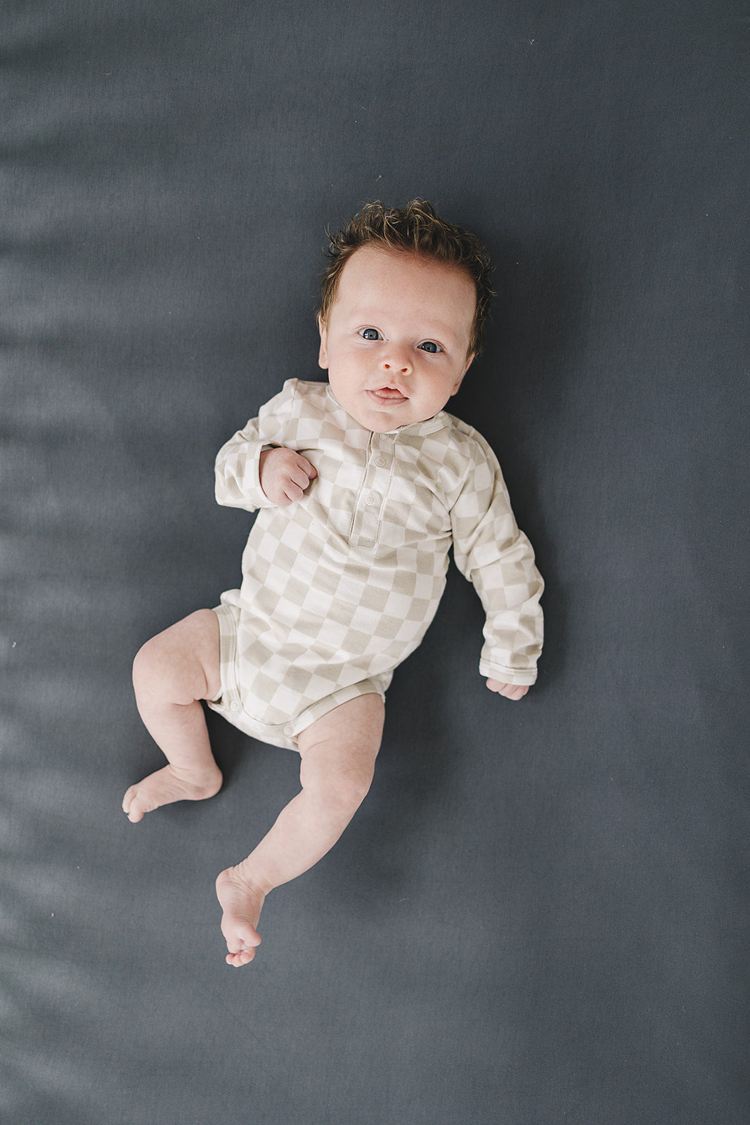 Taupe Checkered Snap Long Sleeve Bodysuit