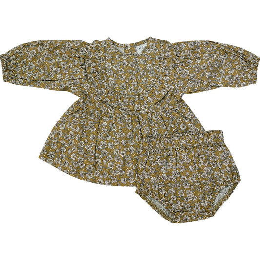 Mustard Magnolia Cotton Dress With Bloomers