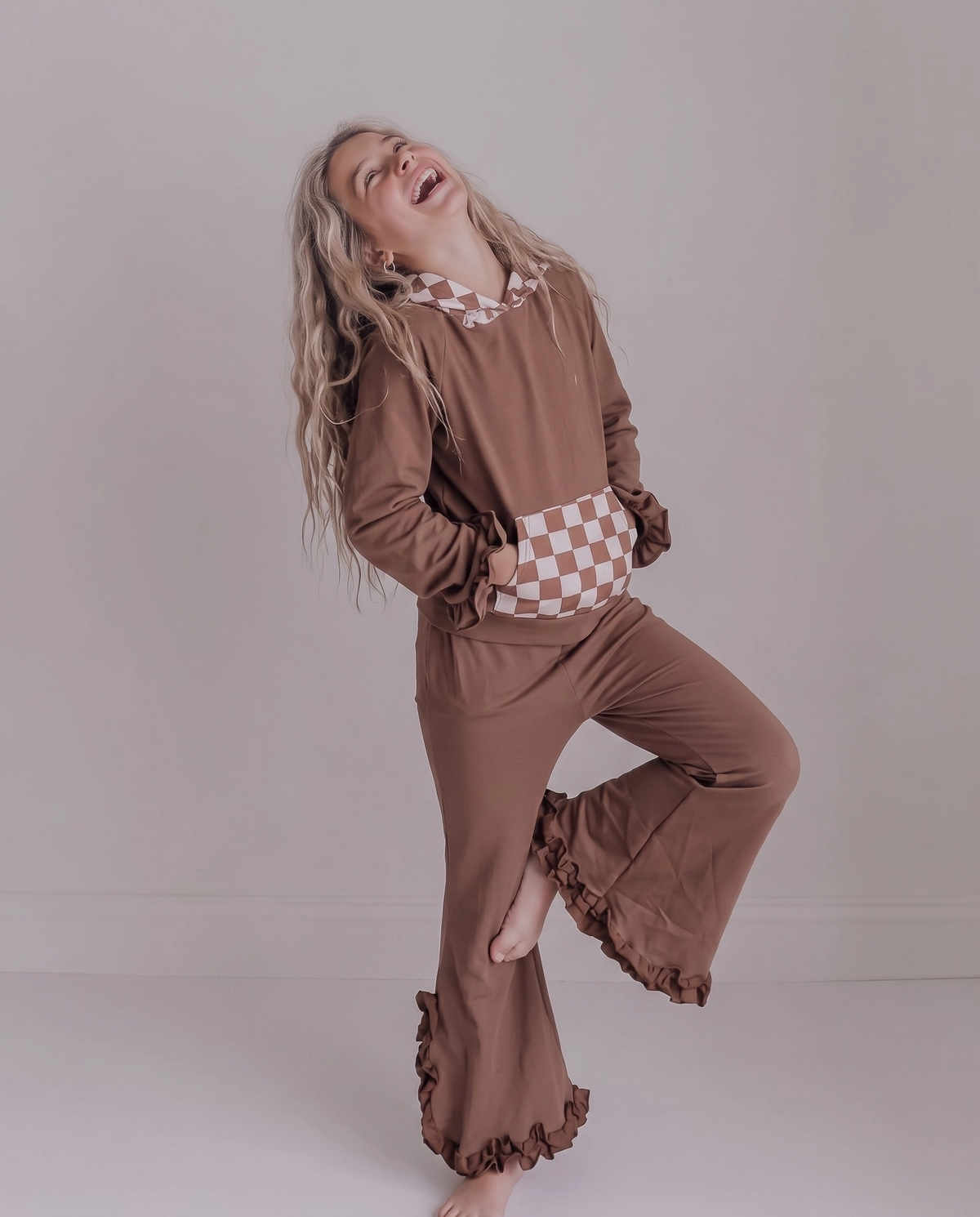 Chocolate Checkered Hooded Ruffle Pocket Lounge Set