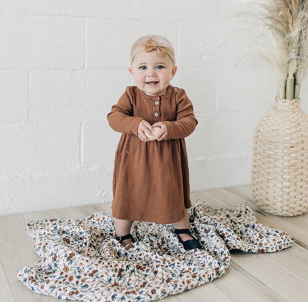 Rust Long Sleeve Button Ribbed Organic Cotton Dress