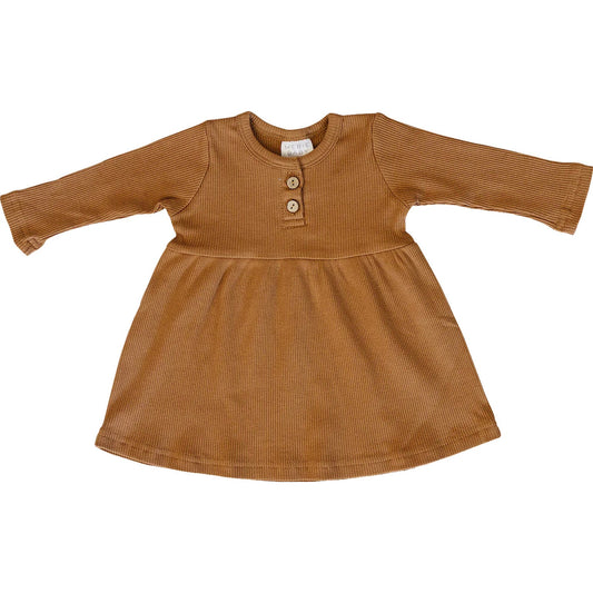 Mustard Long Sleeve Button Ribbed Organic Dress