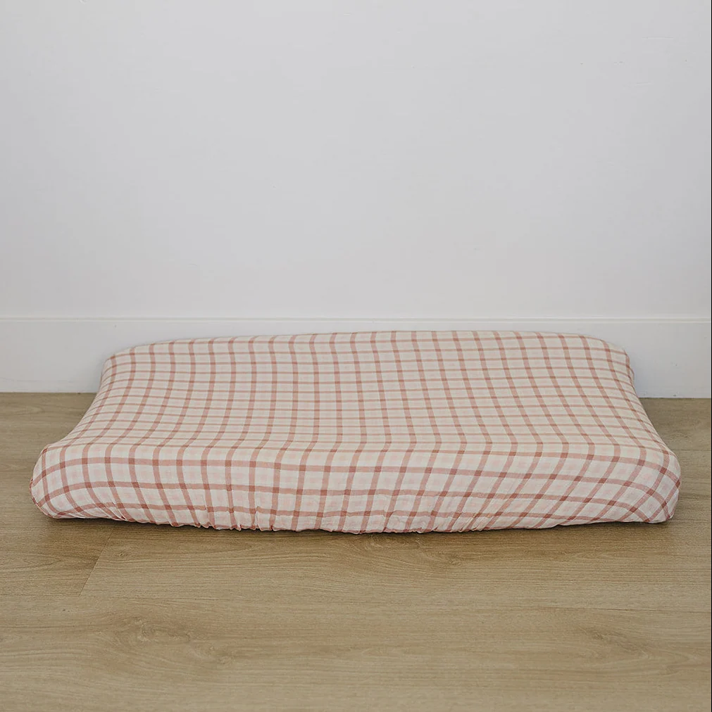 Pink Gingham Muslin Changing Pad Cover