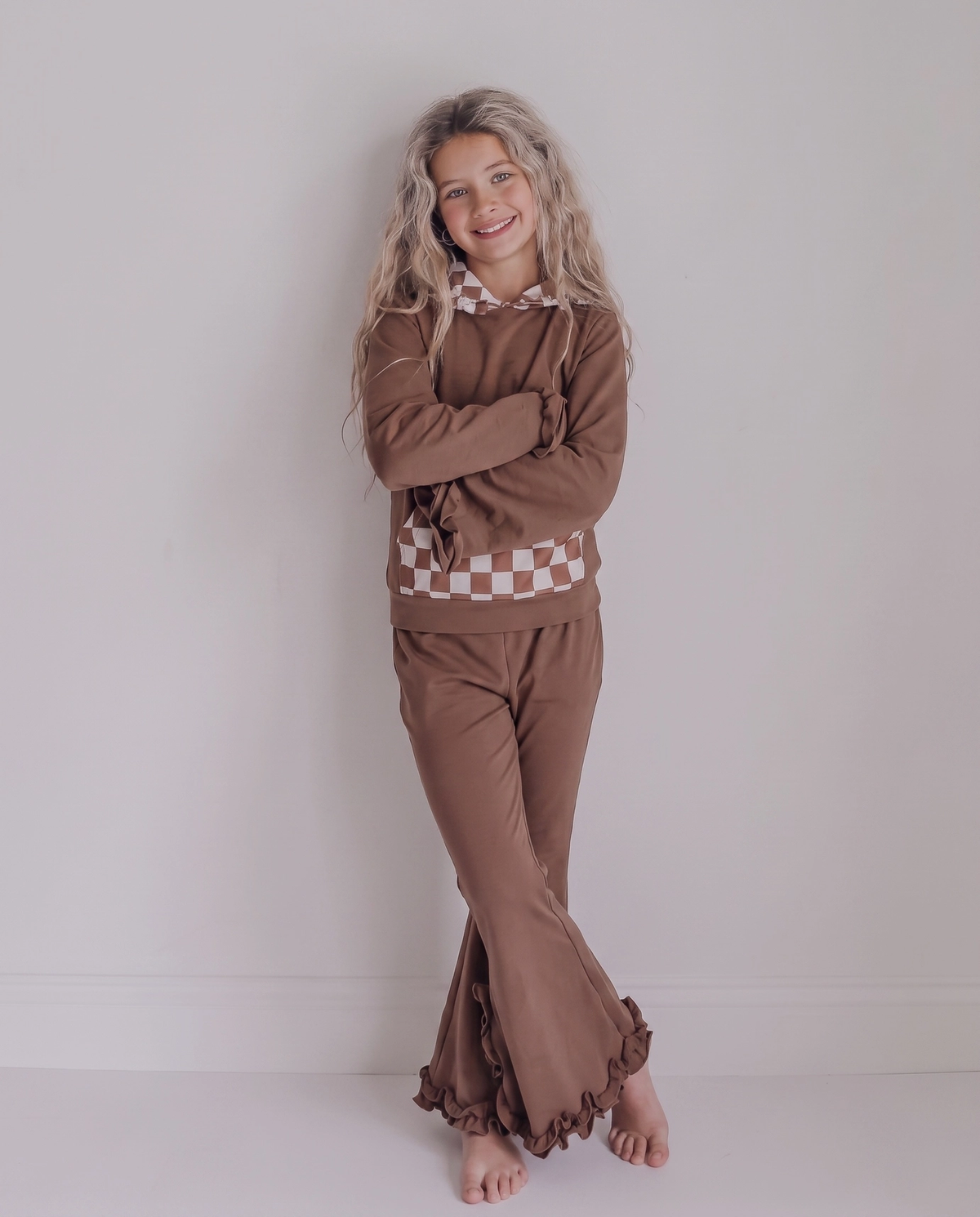 Chocolate Checkered Hooded Ruffle Pocket Lounge Set