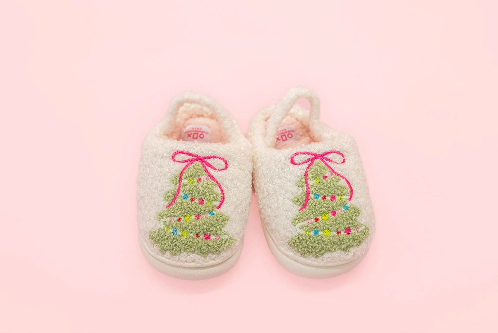 Pink Bow Christmas Tree Slippers - Toddler & Kids
