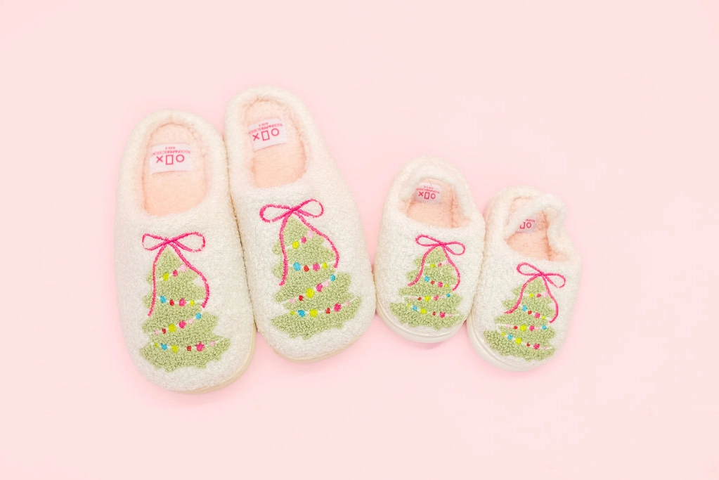 Pink Bow Christmas Tree Slippers - Toddler & Kids