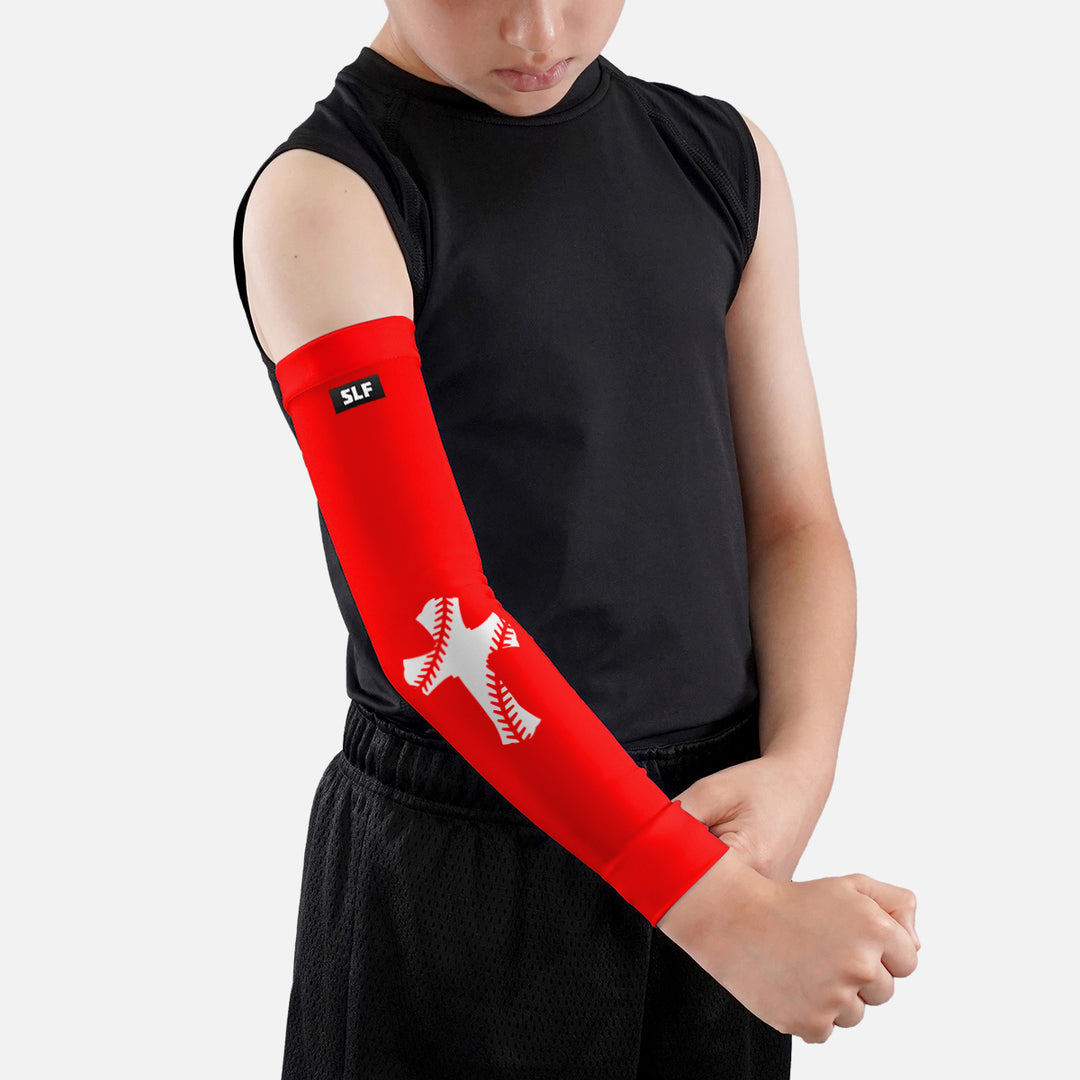 Red Baseball Cross Kids Arm Sleeve