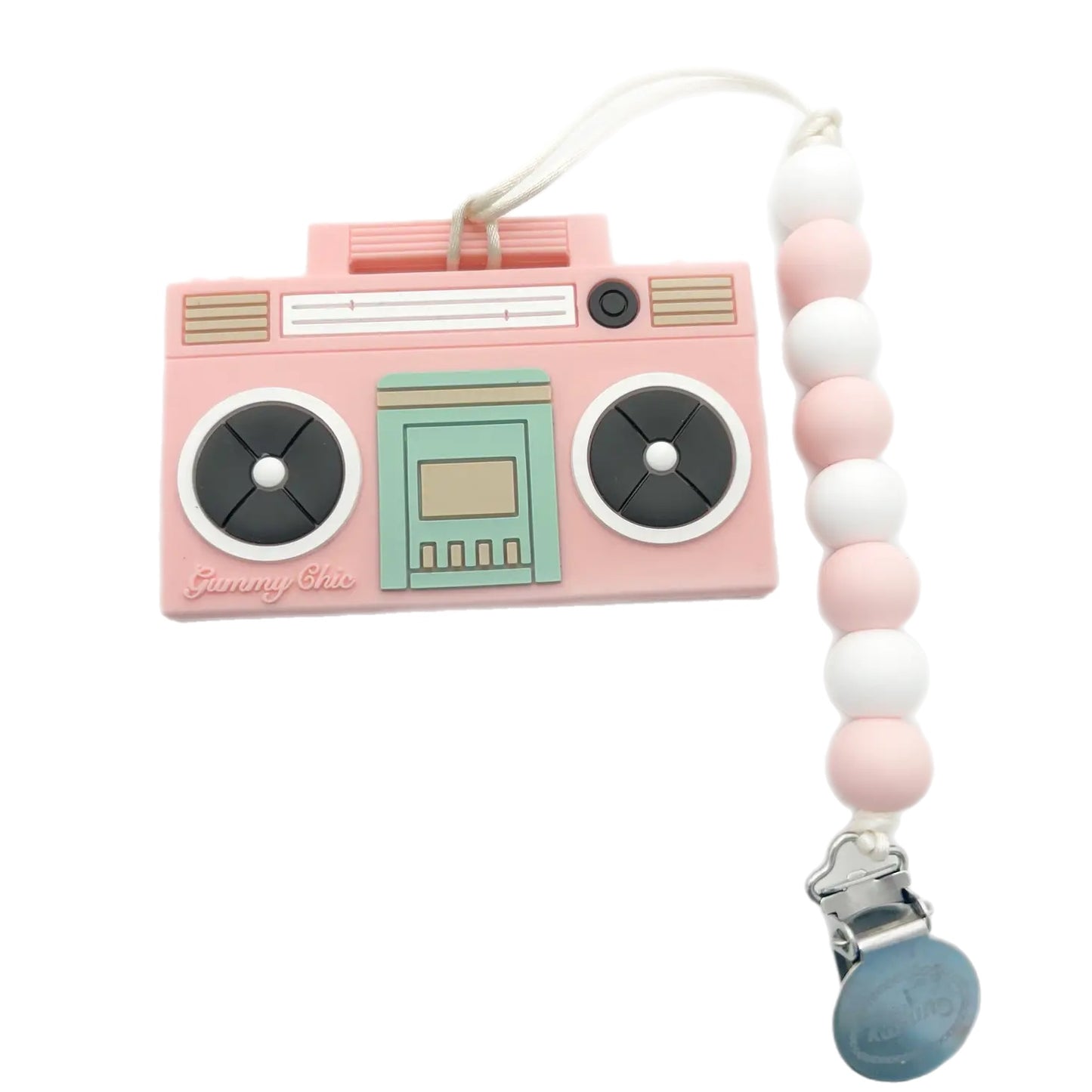 Silicone Boom Box Teether with Clip - Light Pink