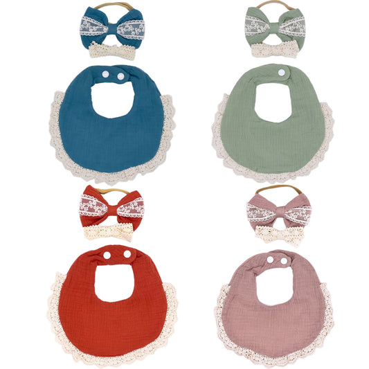 Lace trim Muslin Bib Set
