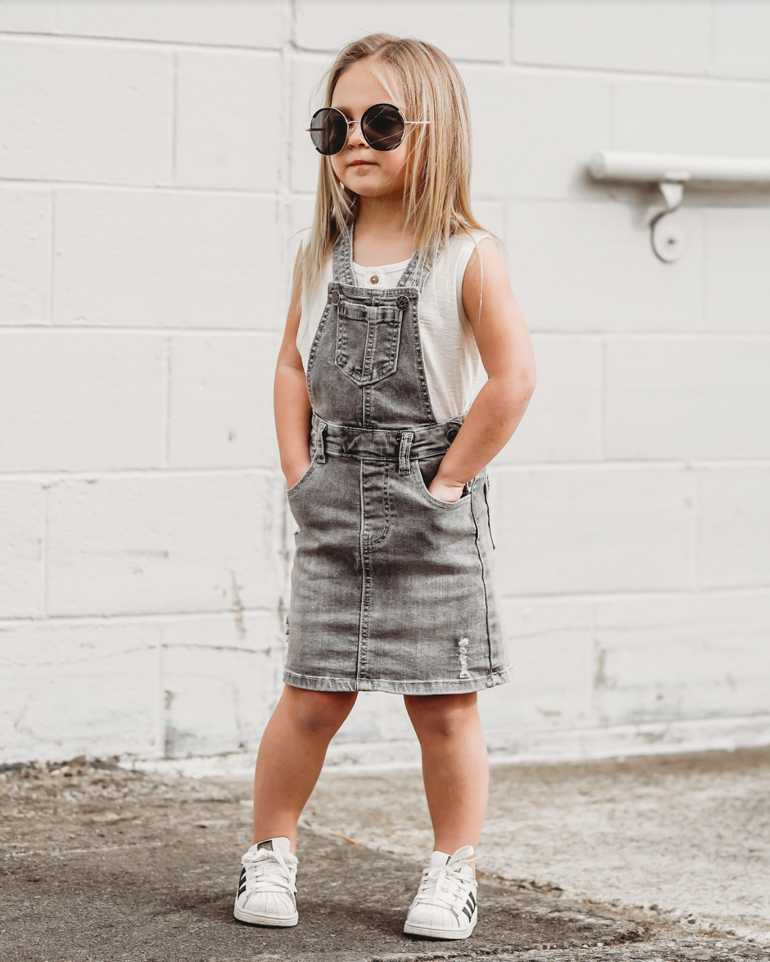 Denim Skirt Overalls- Grey Wash