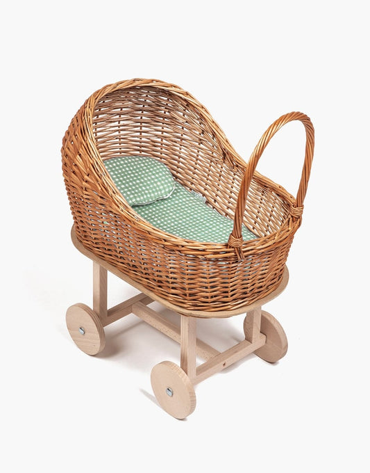 Pram in wood and wicker Elliot “Gingham green”